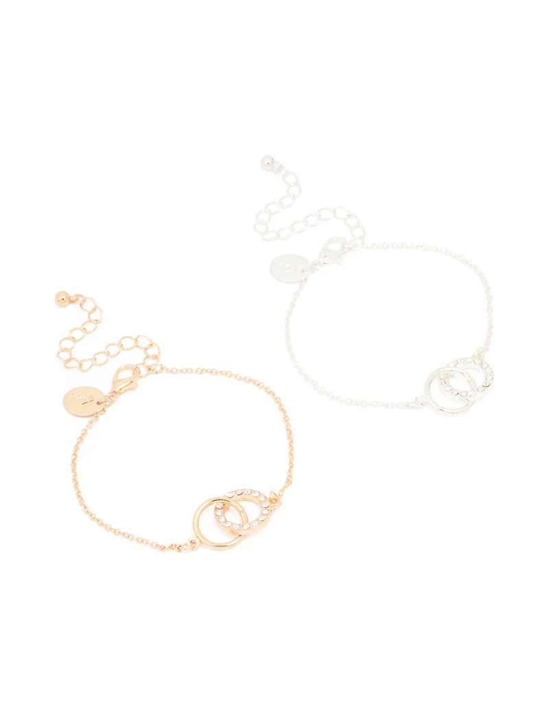 Mixed Metals Diamante Open Circle Bracelets 2-Pack