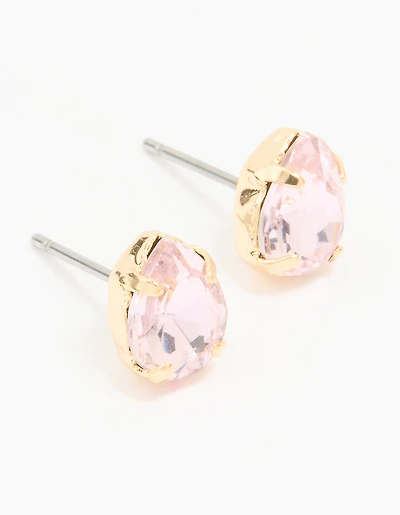Gold Pink Diamante Pear Stud Earrings
