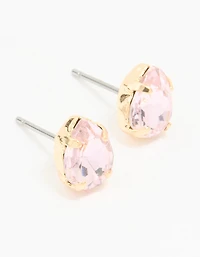Gold Pink Diamante Pear Stud Earrings