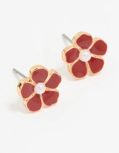 Gold Red Pearl Center Flower Stud Earrings