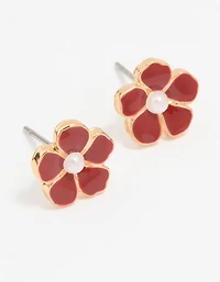 Gold Red Pearl Center Flower Stud Earrings