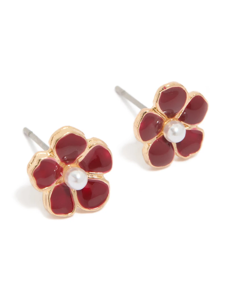 Gold Red Pearl Center Flower Stud Earrings