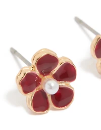 Gold Red Pearl Center Flower Stud Earrings
