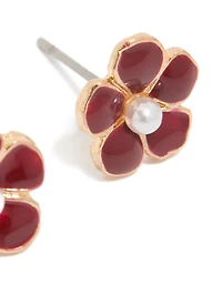 Gold Red Pearl Center Flower Stud Earrings