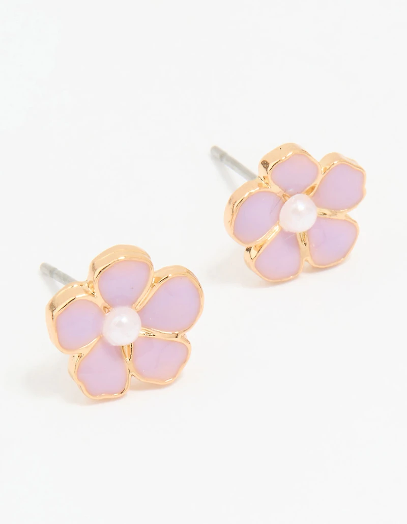 Gold Pink Pearl Center Flower Stud Earrings