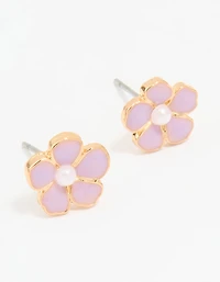 Gold Pink Pearl Center Flower Stud Earrings