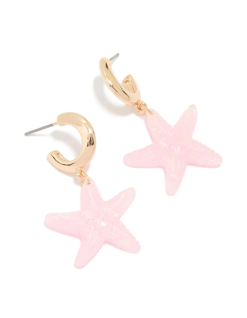Gold Pink Starfish Hoop Earrings