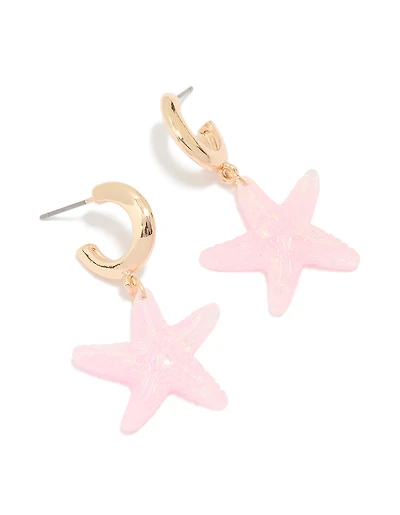 Gold Pink Starfish Hoop Earrings