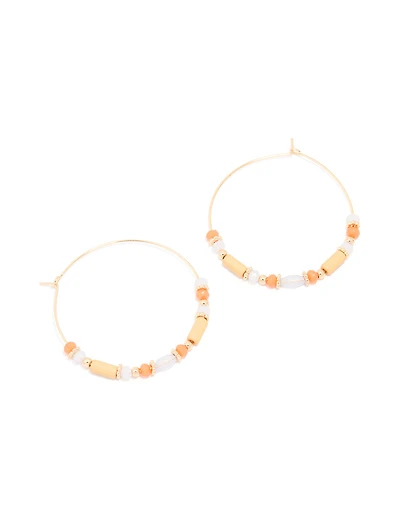 Gold Orange Beaded Hoop Earrings
