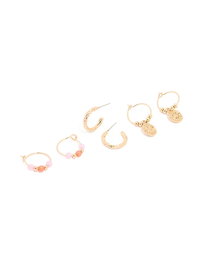 Gold Beaded Disc Hoop Earrings 3-Pack