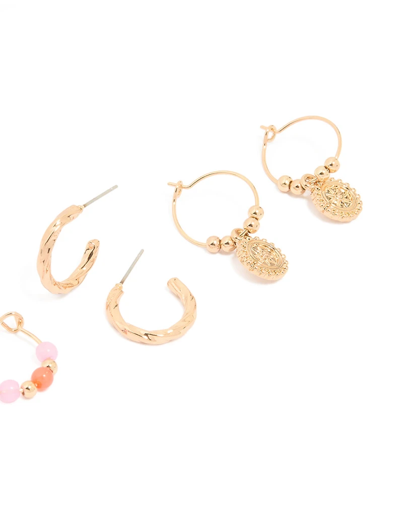 Gold Beaded Disc Hoop Earrings 3-Pack