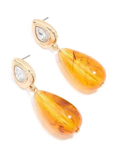 Gold Orange Beaded & Diamante Drop Earrings