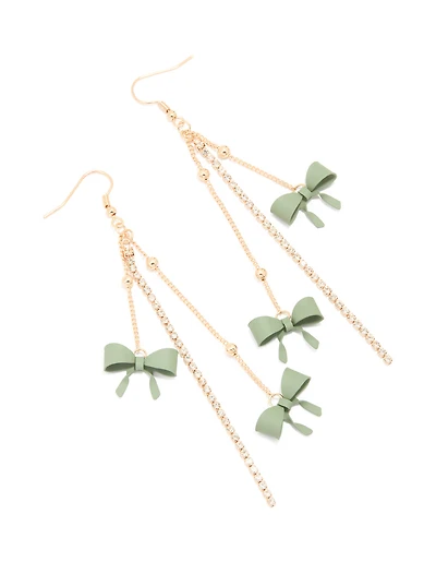 Gold Green Bow Drop Chain Earrings