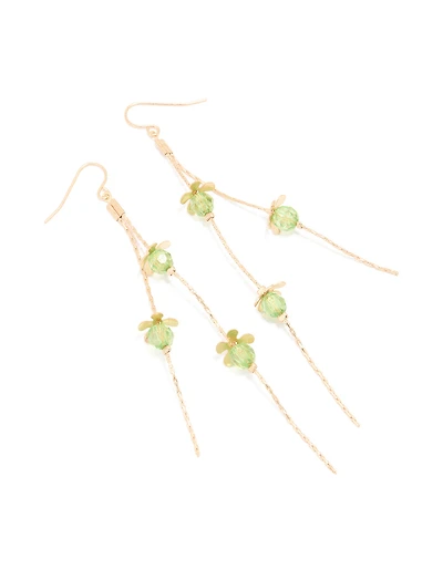Gold Green Beaded Flower Chain Drop Earrings
