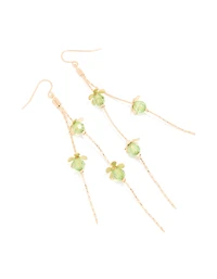 Gold Green Beaded Flower Chain Drop Earrings
