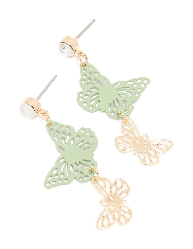 Gold Diamante & Green Coated Motel Butterfly Drop Earrings