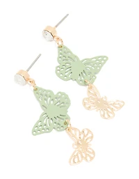 Gold Diamante & Green Coated Motel Butterfly Drop Earrings