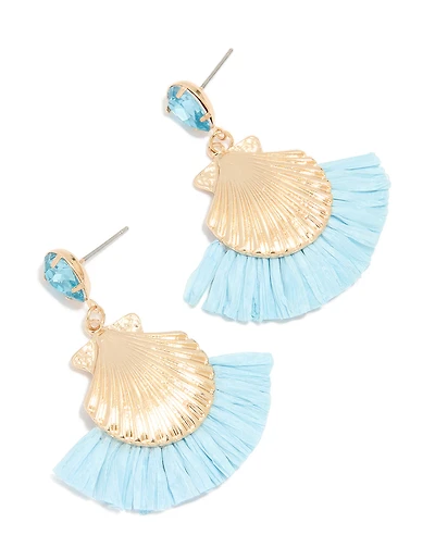 Gold Shell Blue Raffia Diamante Earrings