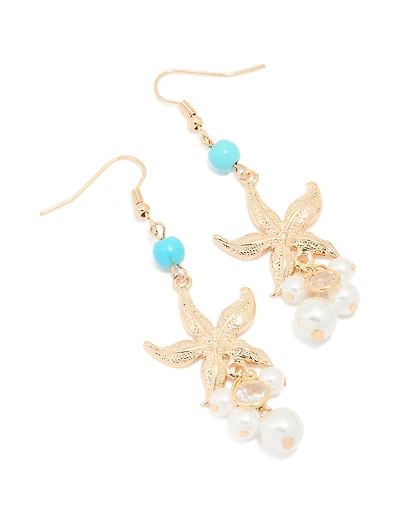 Gold Starfish Pearl Blue Diamante Earrings