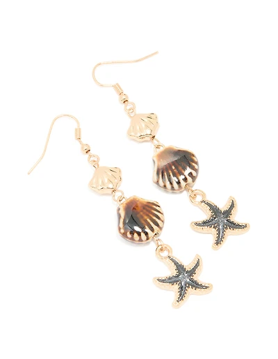 Gold Starfish & Shell Beaded Drop Earrings
