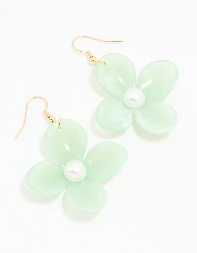 Gold Green Acrylic Pearl Center Flower Drop Earrings