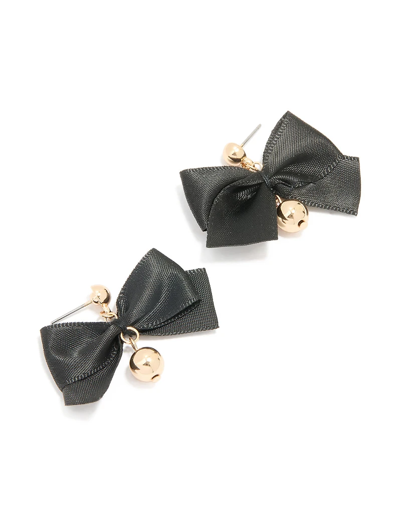 Gold Black Fabric Bow Ball Drop Earrings