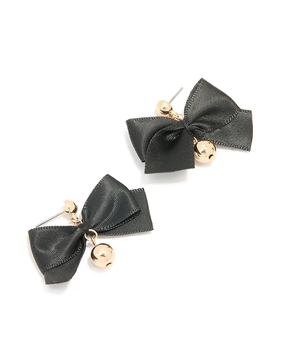 Gold Black Fabric Bow Ball Drop Earrings