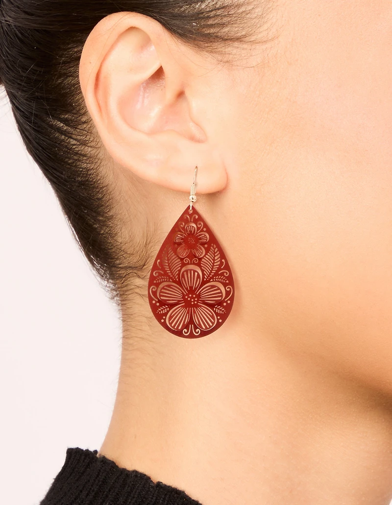 Gold Red 3D Filigree Flower Drop Earrings