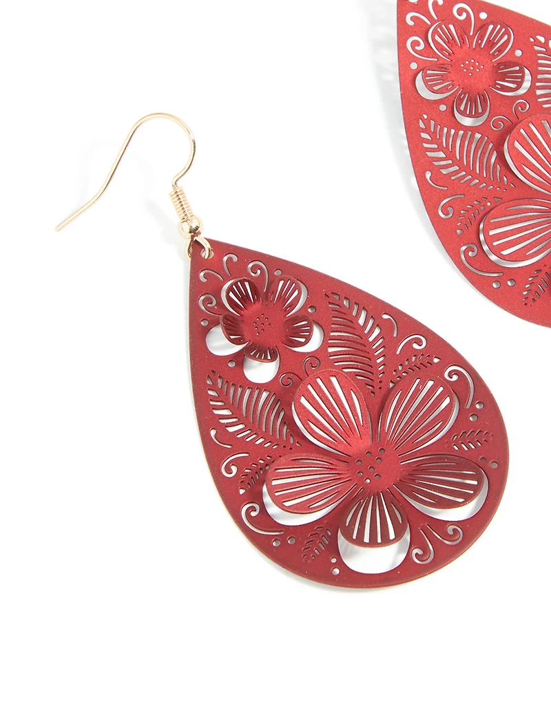 Boucles d’oreilles tombantes en filigrane 3D en filigrane doré rouge