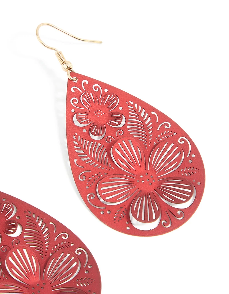Boucles d’oreilles tombantes en filigrane 3D en filigrane doré rouge