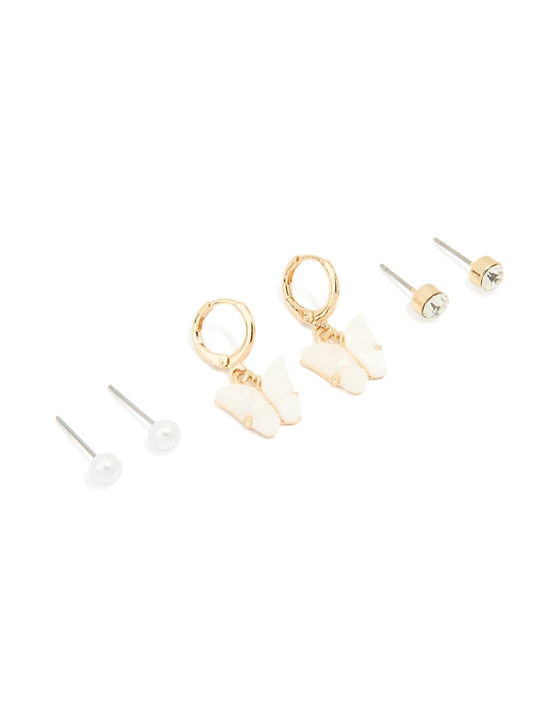 Pack de 3 boucles d’oreilles Gold Pearl Stud & Butterfly Huggie