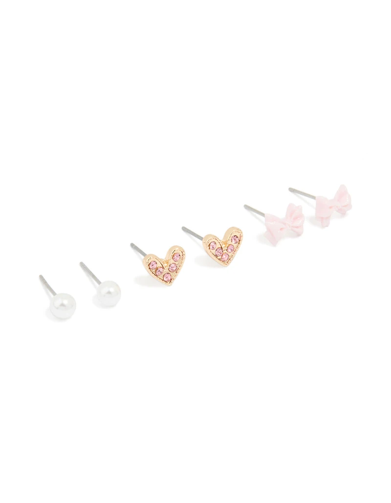 Gold Pearl Bow & Heart Earrings 3-Pack