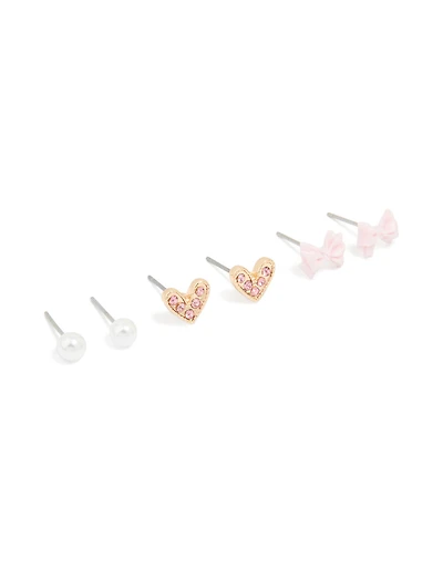 Gold Pearl Bow & Heart Earrings 3-Pack