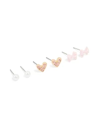 Gold Pearl Bow & Heart Earrings 3-Pack