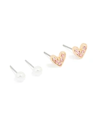 Gold Pearl Bow & Heart Earrings 3-Pack
