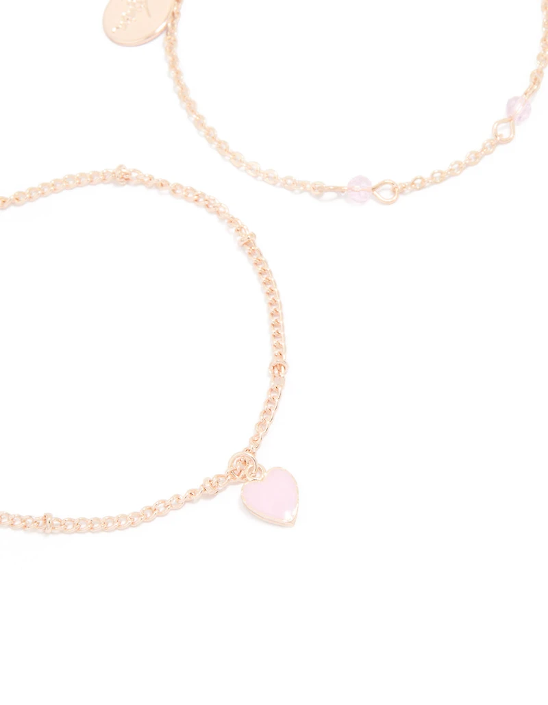Rose Gold Pink Stone Heart Charm & Chain Bracelets 2-Pack