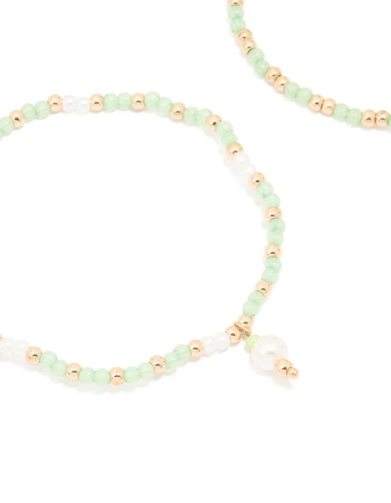 Gold Green Beaded Pearl Stretch Bracelets 2-Pack
