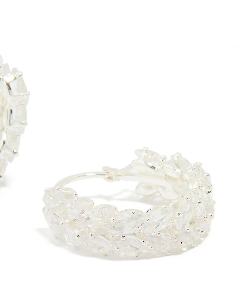 Silver Plated Cubic Zirconia Marquise Herringbone Hoop Earrings