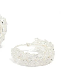 Silver Plated Cubic Zirconia Marquise Herringbone Hoop Earrings