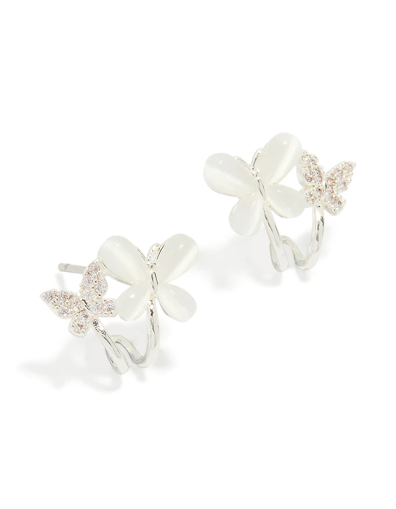 Silver Plated Cubic Zirconia Double Butterfly Mini Hoop Earrings
