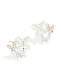 Silver Plated Cubic Zirconia Double Butterfly Mini Hoop Earrings