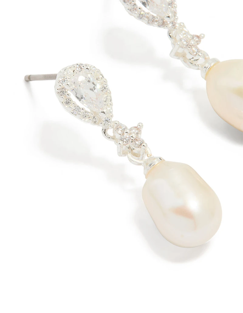Silver Plated Cubic Zirconia Halo Pearl Drop Earrings