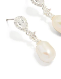 Silver Plated Cubic Zirconia Halo Pearl Drop Earrings