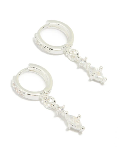 Silver Plated Cubic Zirconia Marquise Drop Huggie Earrings