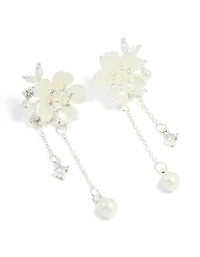 Boucles d’oreilles cubiques en zircone et fleurs de perles plaquées argent
