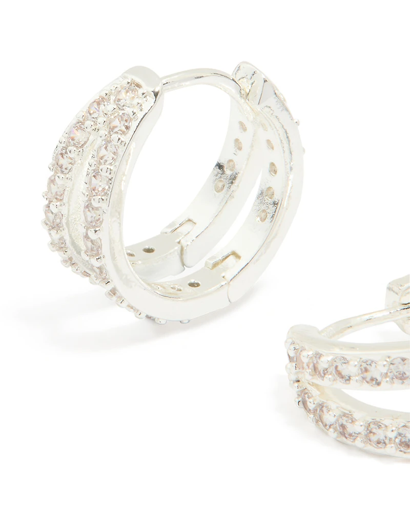 Silver Plated Cubic Zirconia Pave Double Mini Hoop Earrings