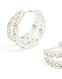 Silver Plated Cubic Zirconia Pave Double Mini Hoop Earrings