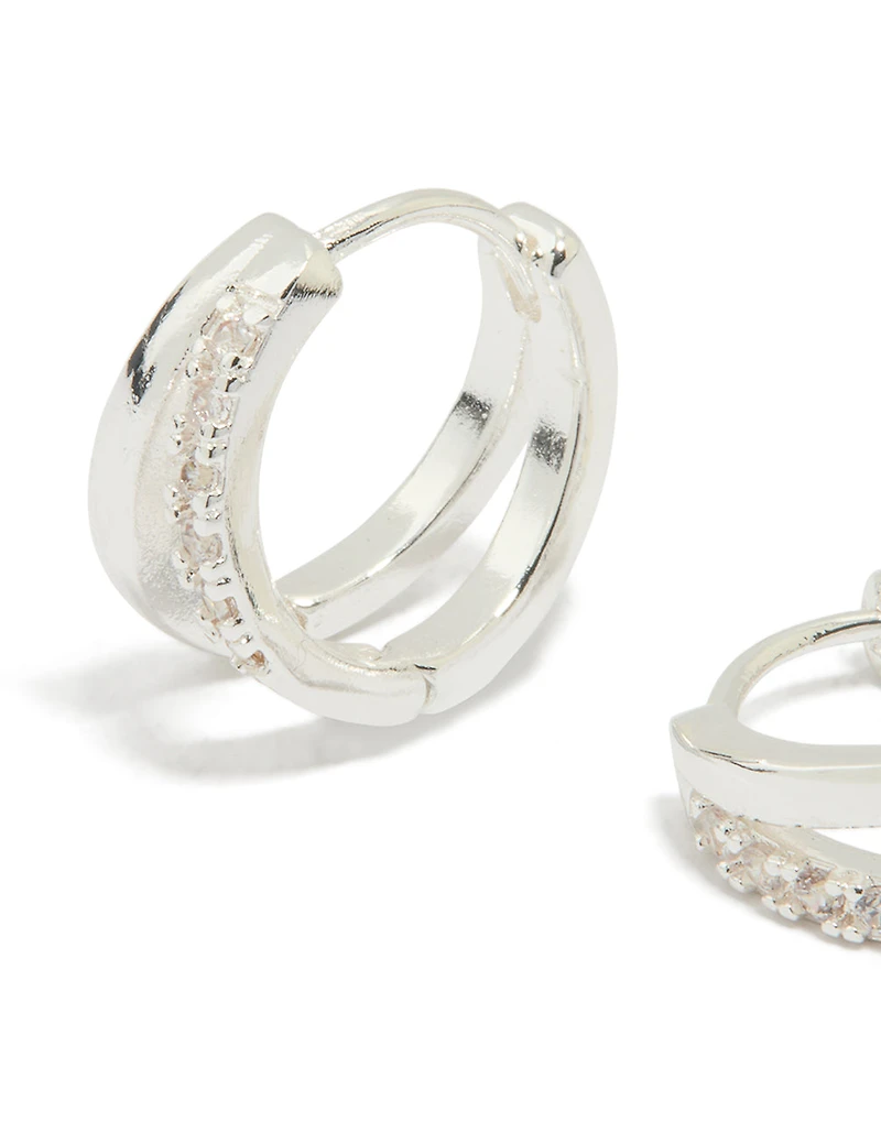 Boucles d’oreilles à cerceaux double couches en zircone cubique plaqués argent