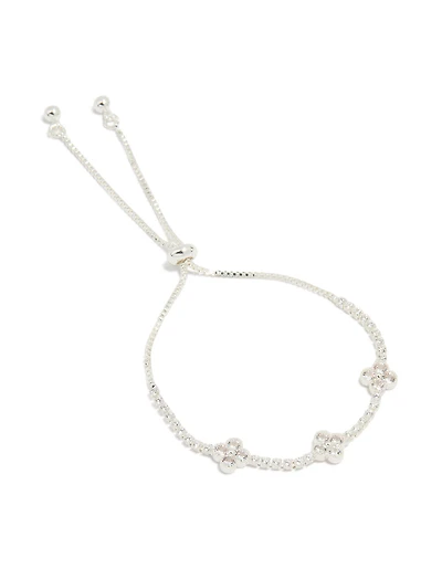 Silver Plated Cubic Zirconia Flower Station Toggle Bracelet