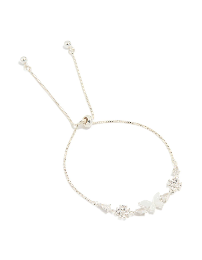 Silver Plated Cubic Zirconia Butterfly & Flower Toggle Bracelet